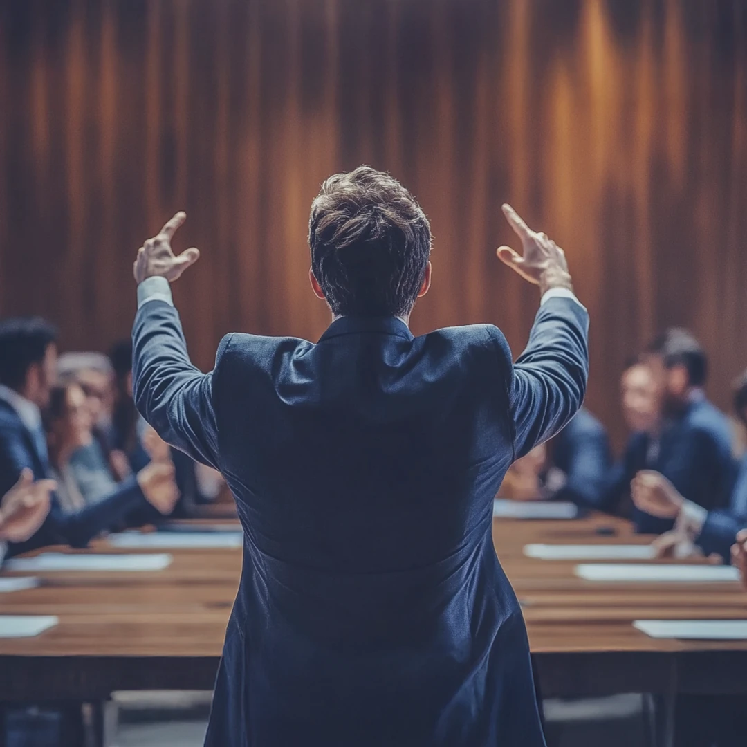 A boardroom with executives around the meeting table and a CMO from a Fractional Marketing Agency Via Marketing talking with his hands up "orechestrating" the meeting.