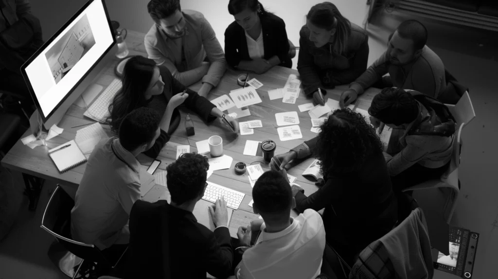 A Fractional Marketing Agency team brainstorming around a table 