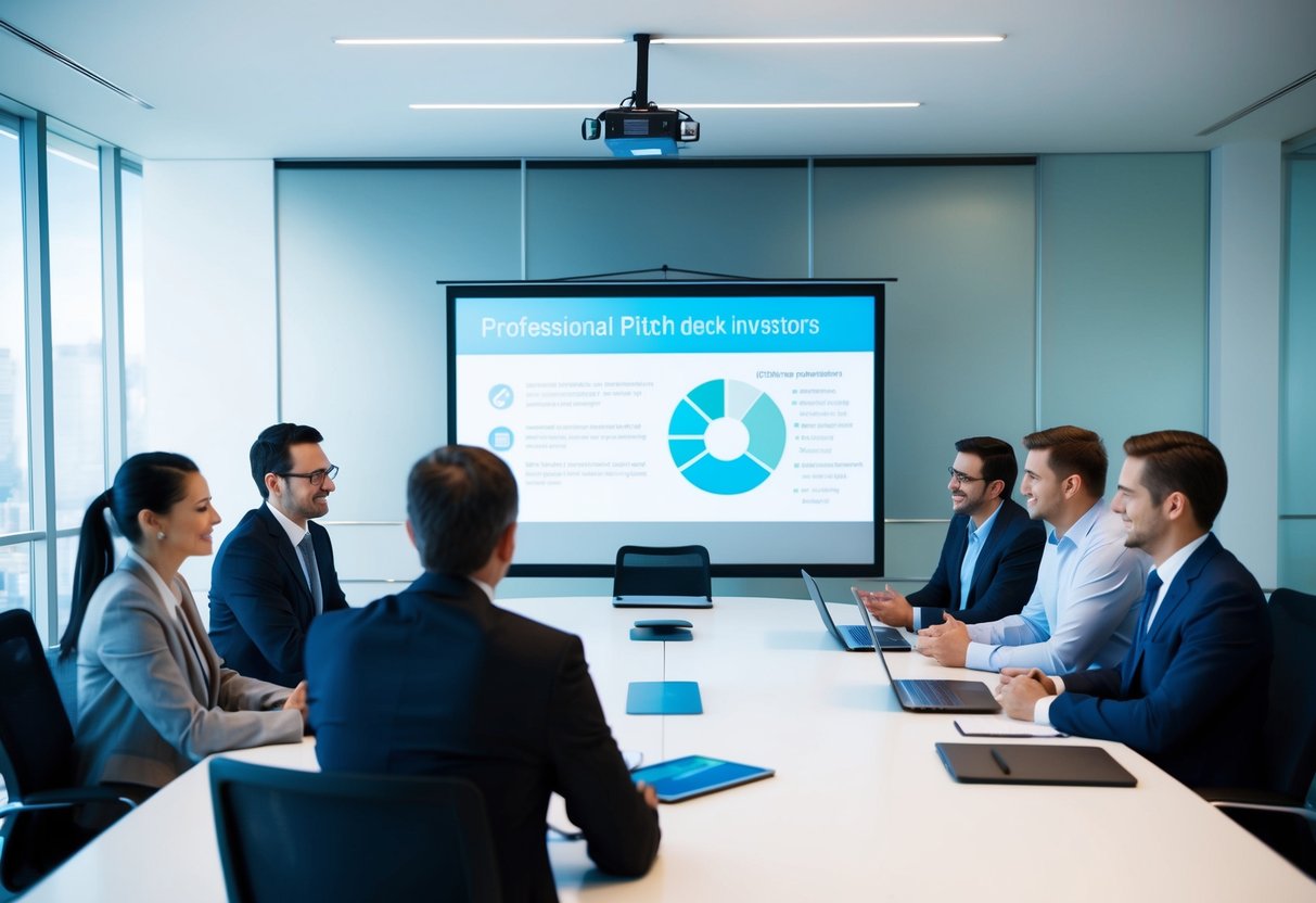 A sleek, modern office space with a large conference table at the center. A projector screen displays a professional pitch deck for investors, while a group of professionals engage in a lively discussion