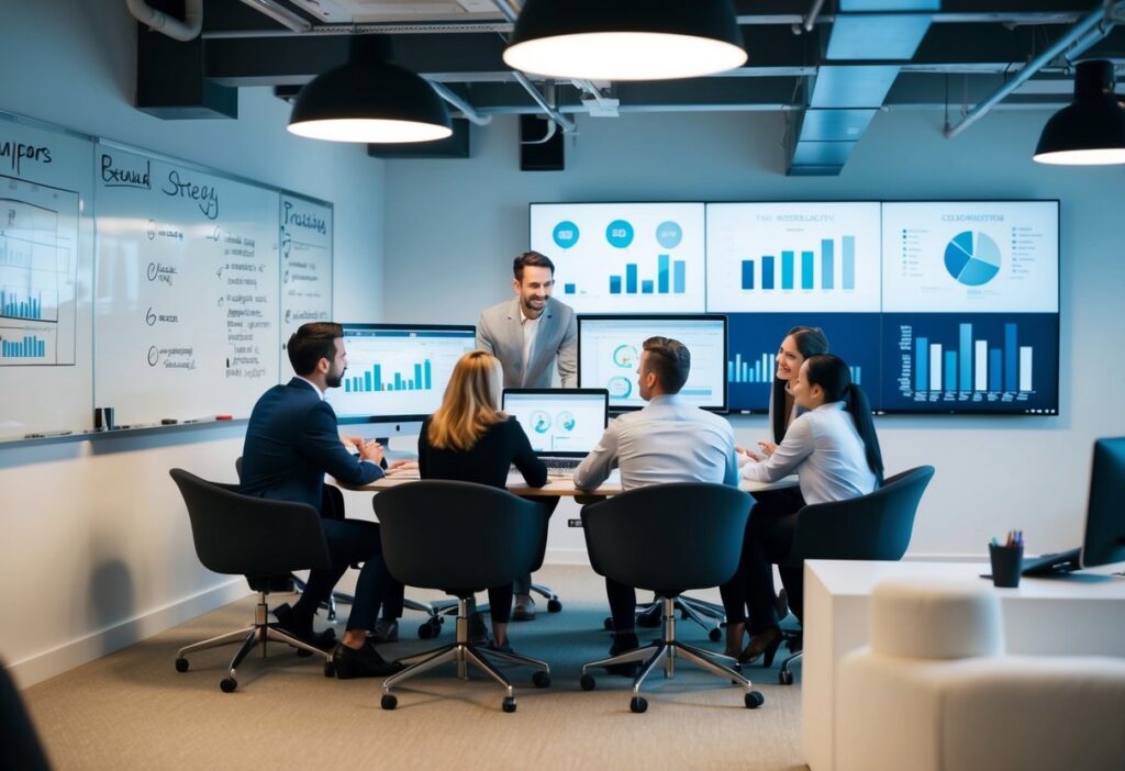 A team of marketers collaborates on a brand strategy, brainstorming and planning in a modern, open-concept office space. Computer screens display data and charts, while a whiteboard is covered in ideas and diagrams