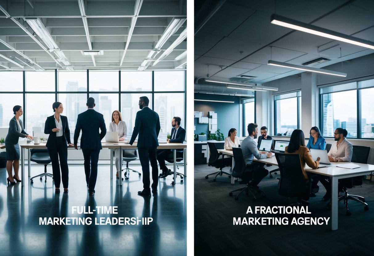 A bustling office with two contrasting workspaces - one representing full-time marketing leadership with a dedicated team, and the other depicting a fractional marketing agency with a smaller, agile team