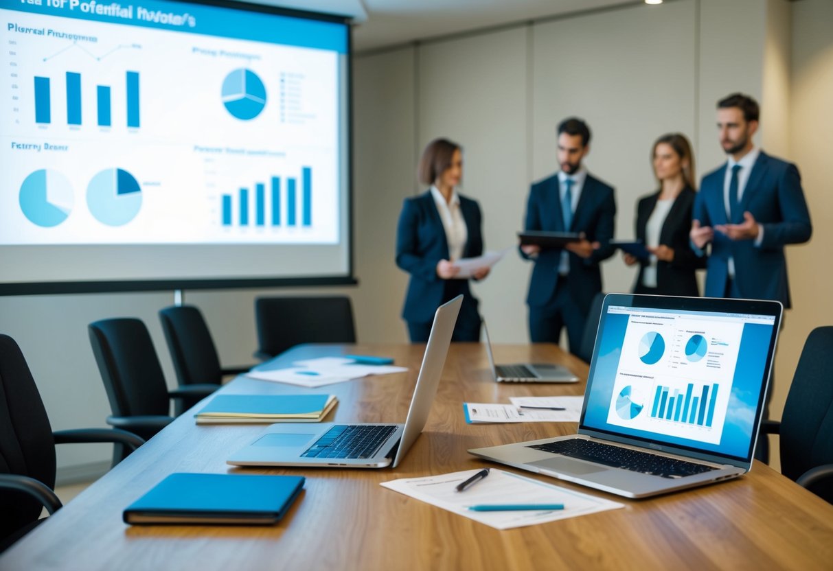 A table with a laptop, papers, and a projector displaying charts and graphs. A group of chairs arranged in front for potential investors