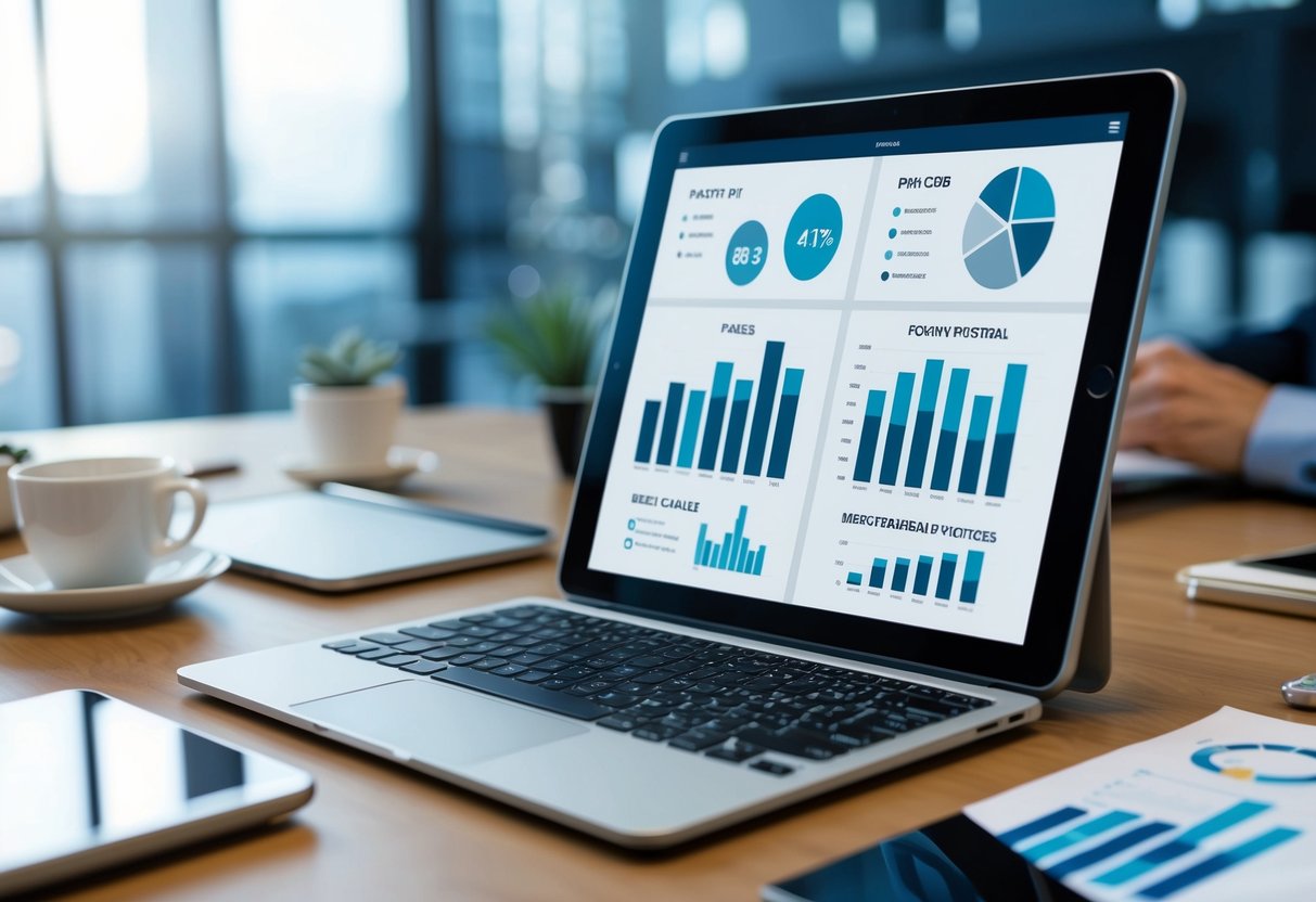 A sleek, modern pitch deck displayed on a tablet, surrounded by charts, graphs, and images representing market data and growth potential