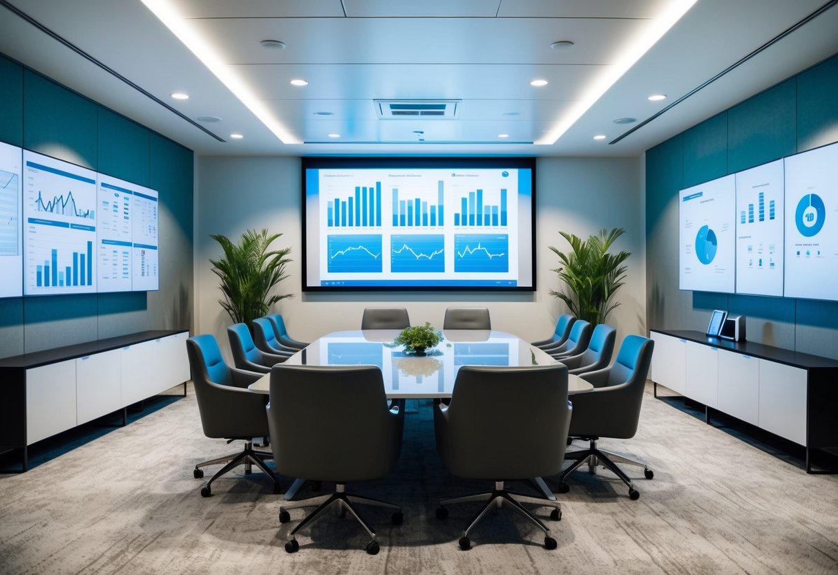 A sleek, modern office space with a large presentation screen, a conference table surrounded by comfortable chairs, and a wall adorned with financial charts and graphs