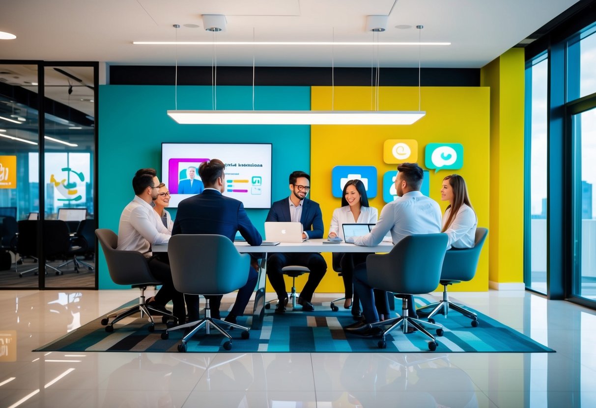 A team of marketers collaborates on a brand strategy, brainstorming and planning in a modern, open-concept office space. Computer screens display data and charts, while a whiteboard is covered in ideas and diagrams