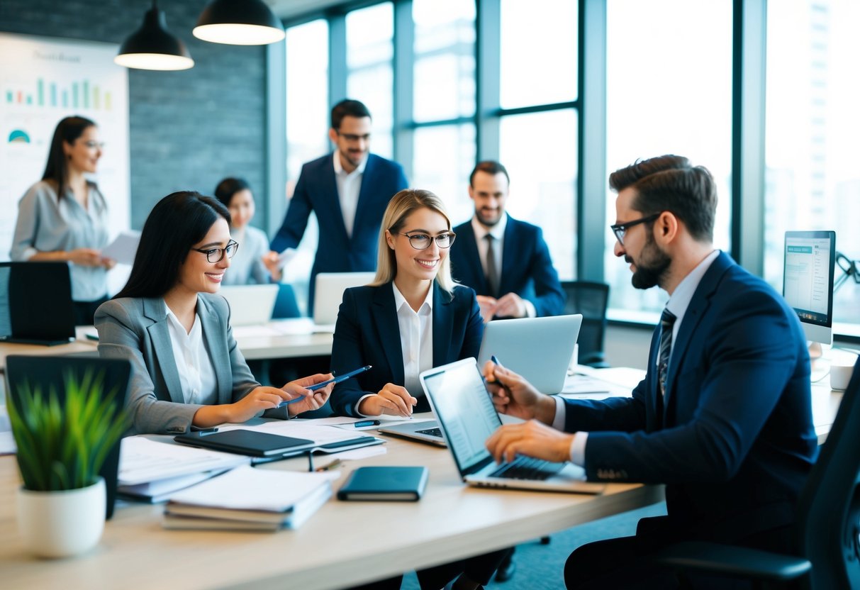 A busy office setting with employees collaborating on marketing strategies and analyzing data for a fractional marketing agency