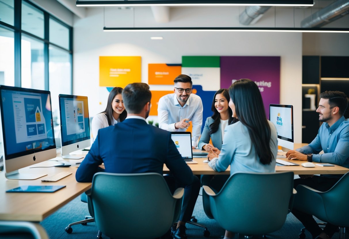 A modern office space with sleek computers, vibrant branding materials, and a team collaborating on marketing strategies