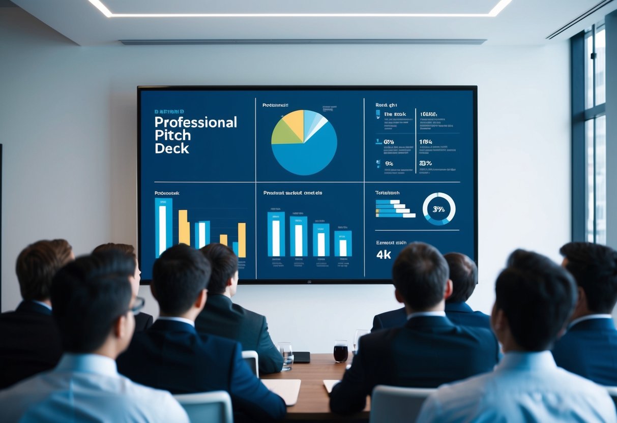 A sleek, professional pitch deck displayed on a large screen, surrounded by attentive investors. Charts, graphs, and bullet points highlight the business model and strategy