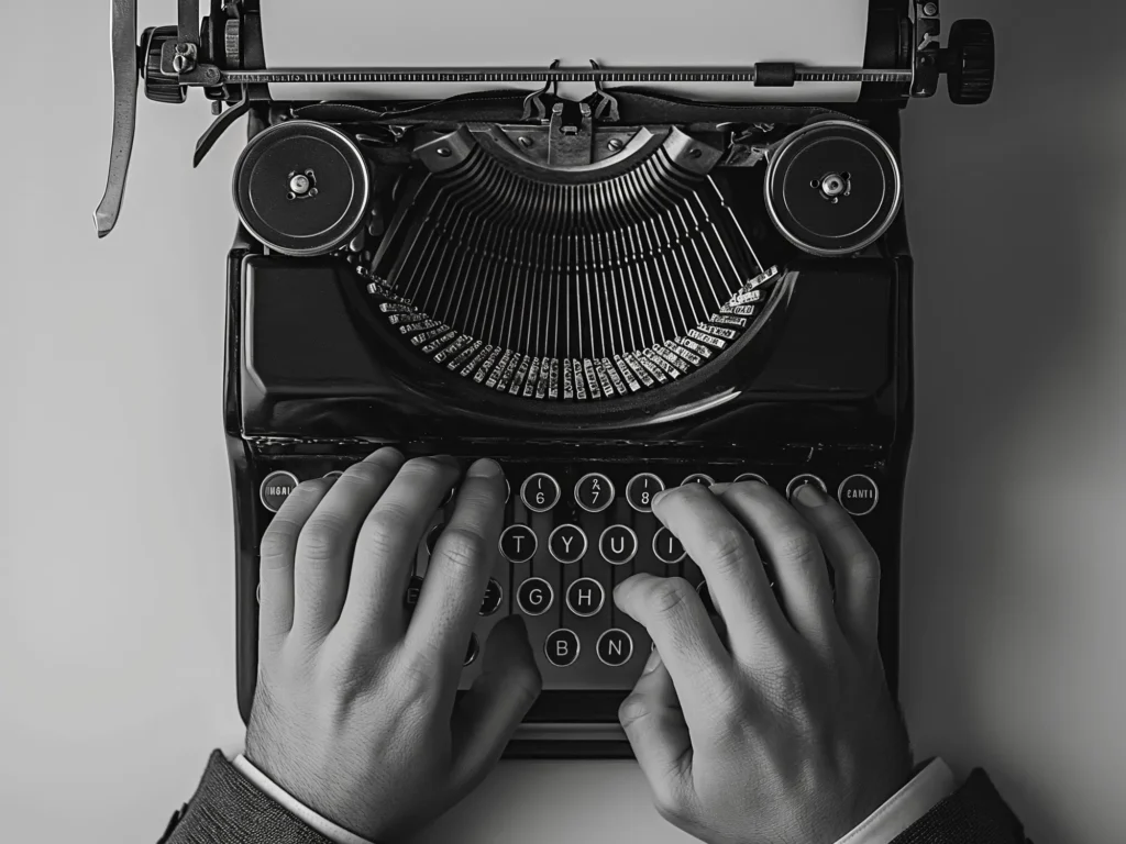 A photo of hands typing on a typewriter representing storytelling.