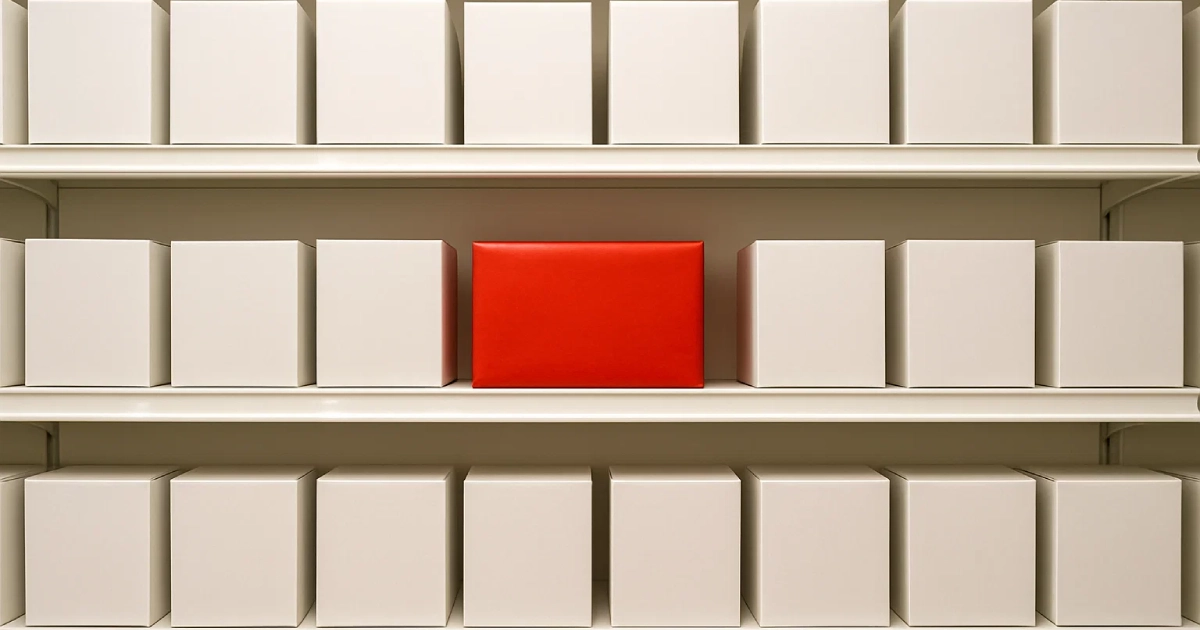 The Product Differentiation Strategy of the bright red box centered on a shelf of identical plain white boxes.