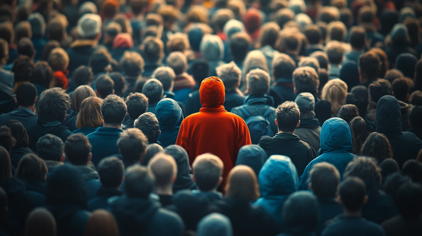 Another way of showcasing Product Differentiation Strategies is by the single person in a bright red hoodie stands out in a dense crowd wearing muted colors.
