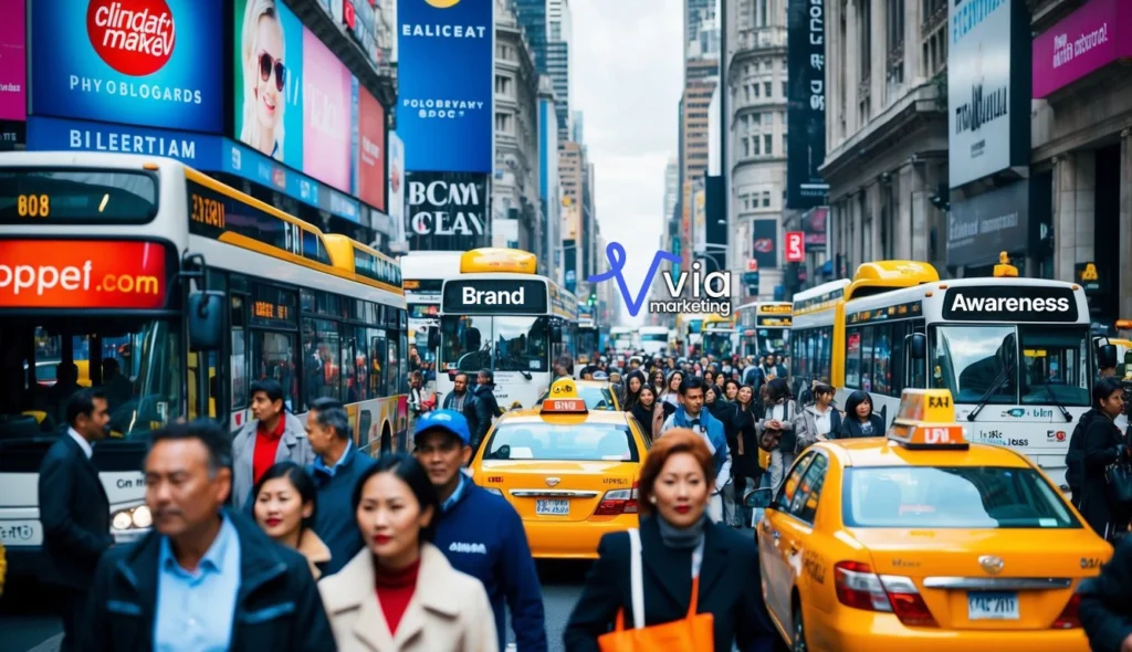 A crowded city street with various billboards and advertisements. Buses and taxis display brand logos. Pedestrians wear branded clothing and carry branded bags surrounded by educational materials and vibrant branding
