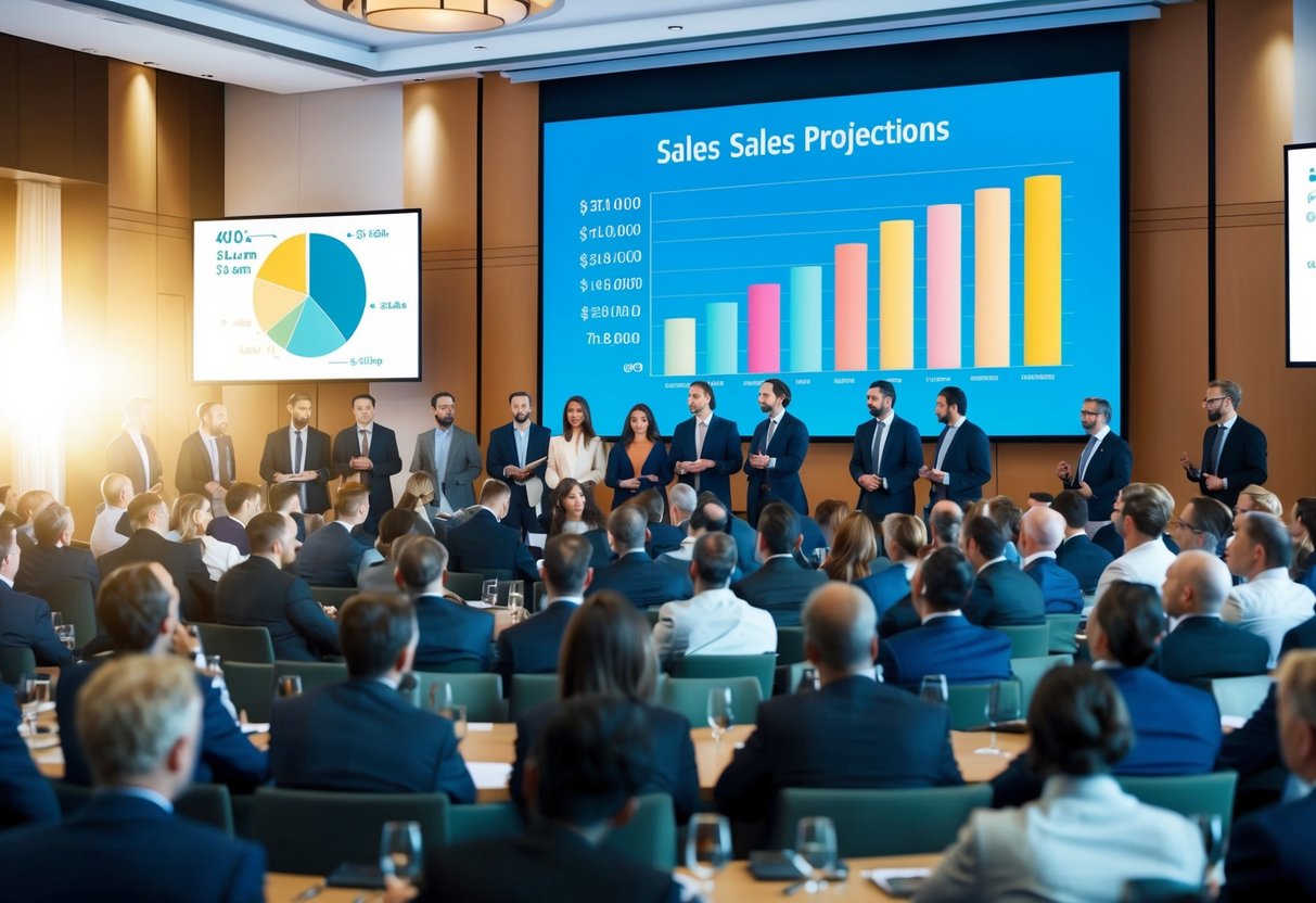 A crowded conference room with a stage and large screen, displaying a graph of sales projections. Executives and team members discuss product launch strategies