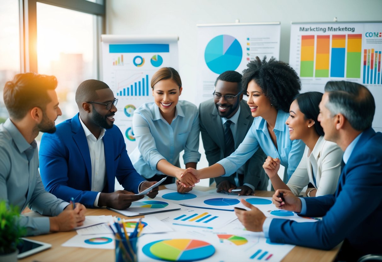 A group of diverse individuals engaging in a brainstorming session, surrounded by charts, graphs, and various marketing materials