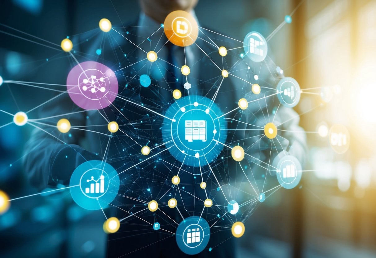 A complex web of interconnected data points and analytics tools, forming a strategic map