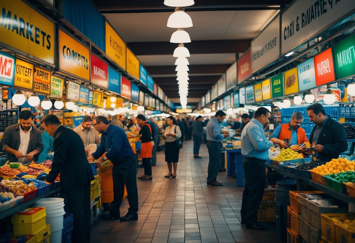 A bustling market with diverse vendors and a variety of products. Competitors strategizing in separate booths