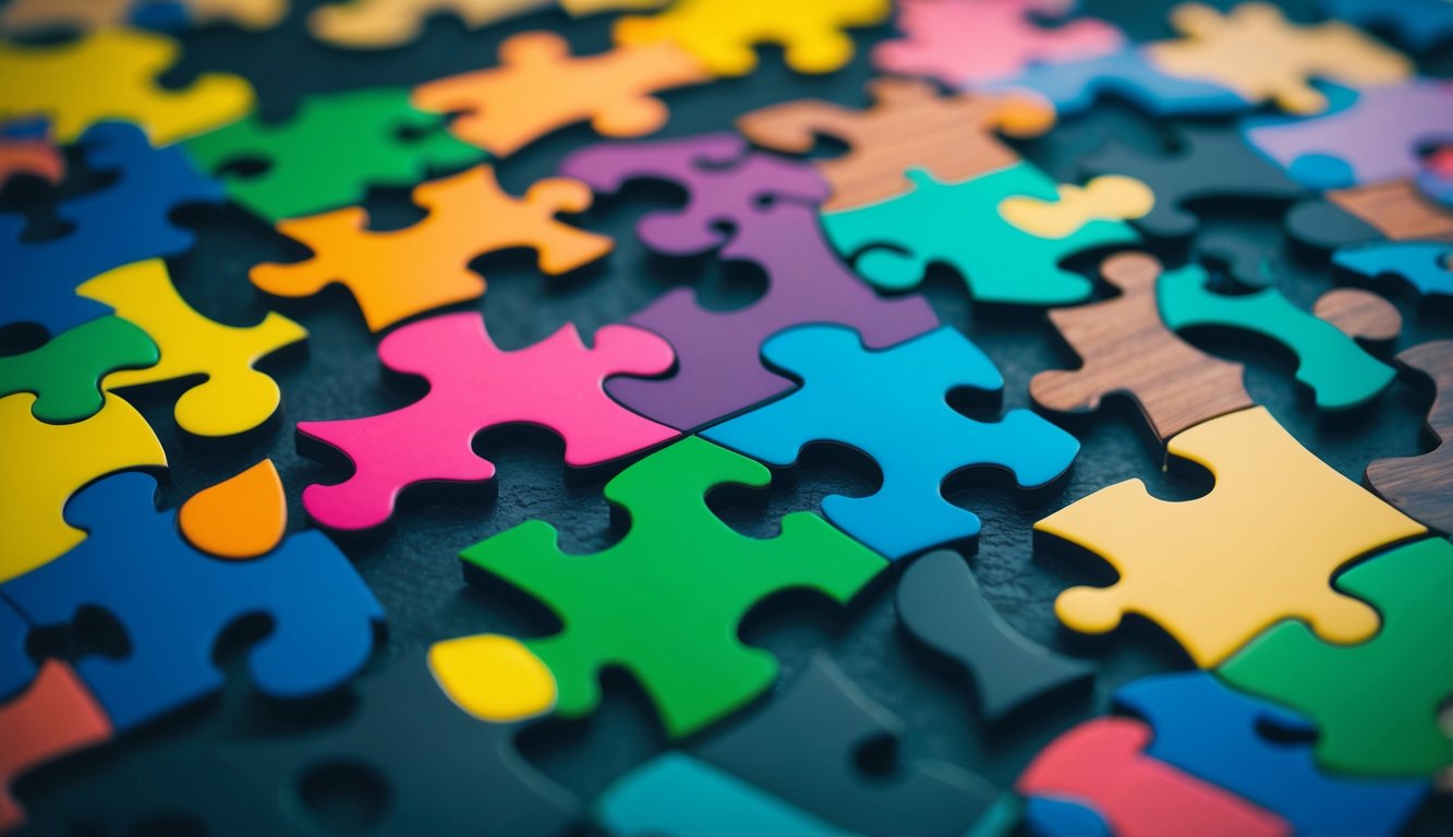 A group of diverse, interconnected puzzle pieces forming a larger, unified image