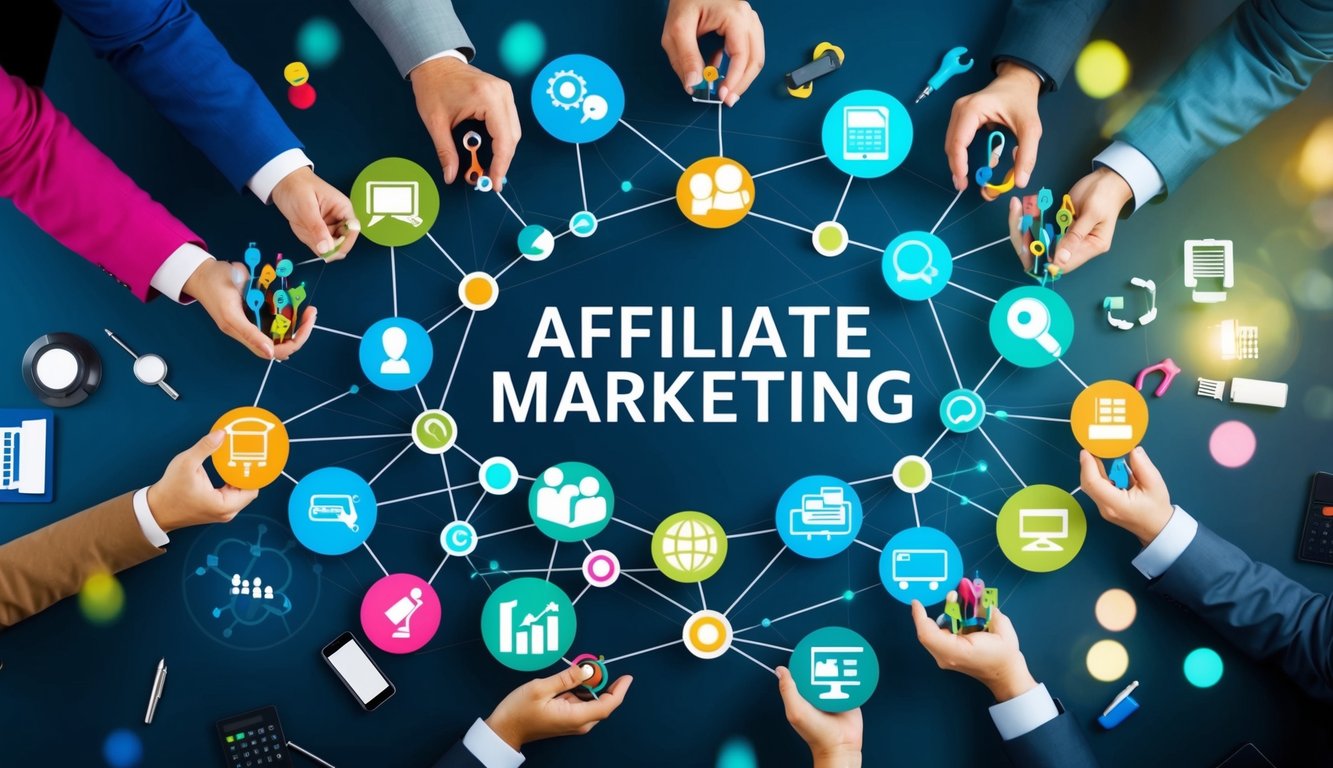 A group of interconnected networks symbolizing affiliate marketing and referral programs, surrounded by various marketing tools and strategies