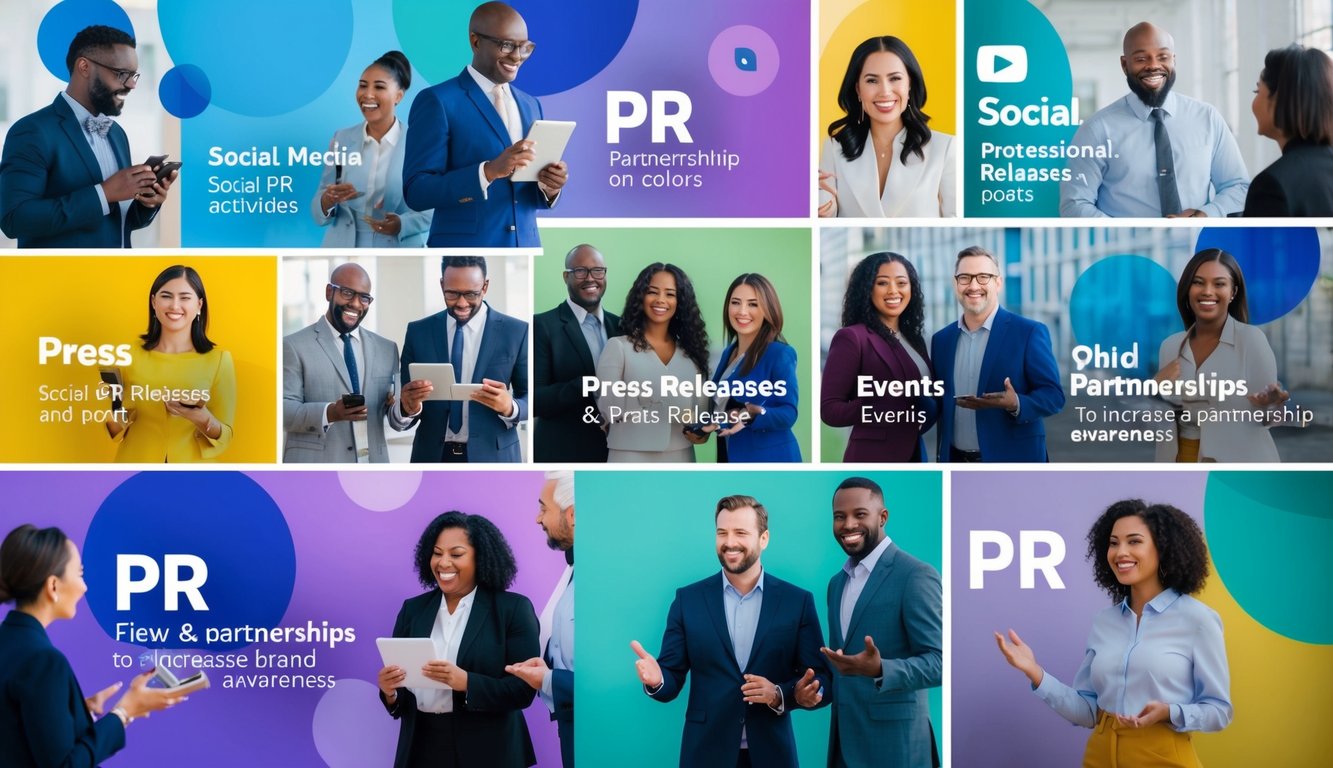 A group of diverse people engaging in various PR activities, such as social media posts, press releases, events, and partnerships to increase brand awareness