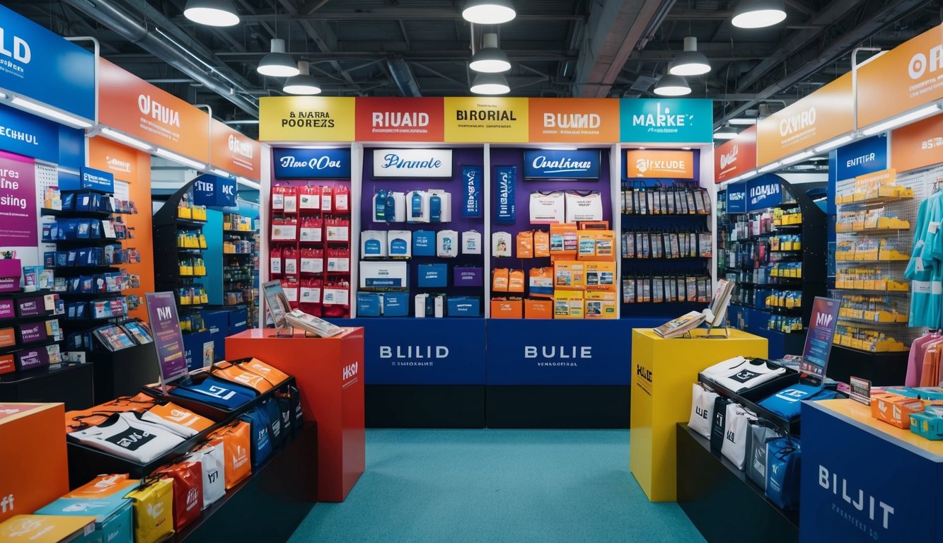 A colorful array of branded merchandise displayed in a vibrant, bustling market setting, with various promotional materials and interactive elements