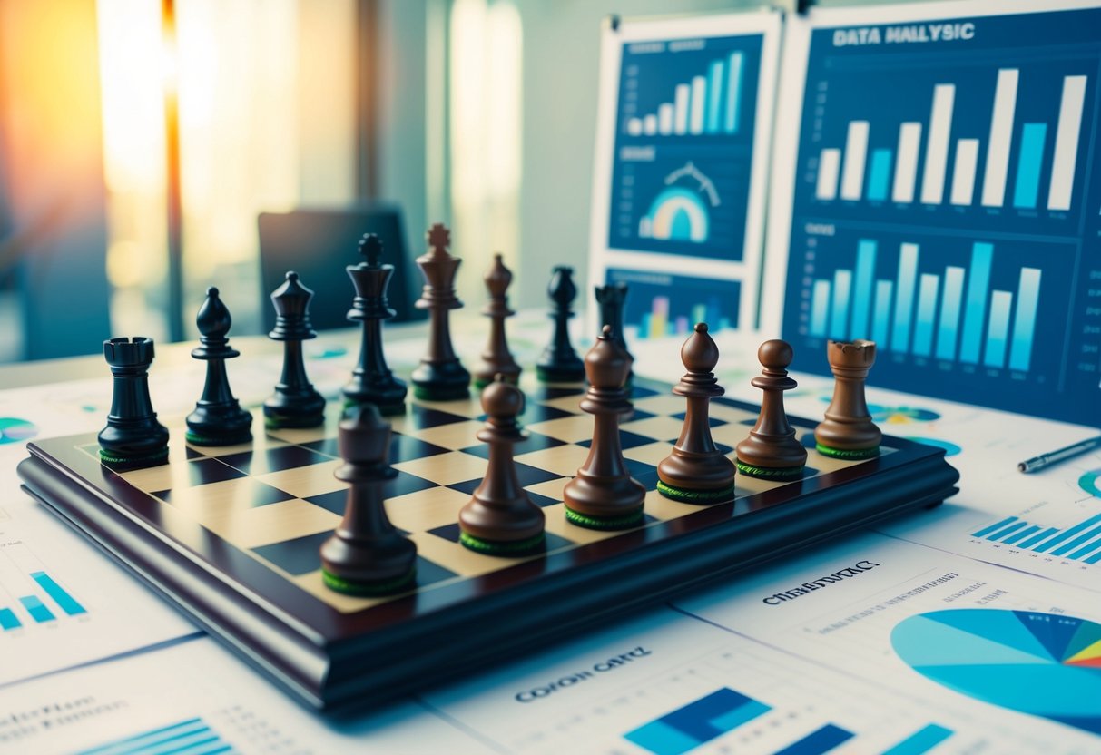 A chessboard with strategic pieces arranged for a game, surrounded by charts and graphs representing data analysis and planning