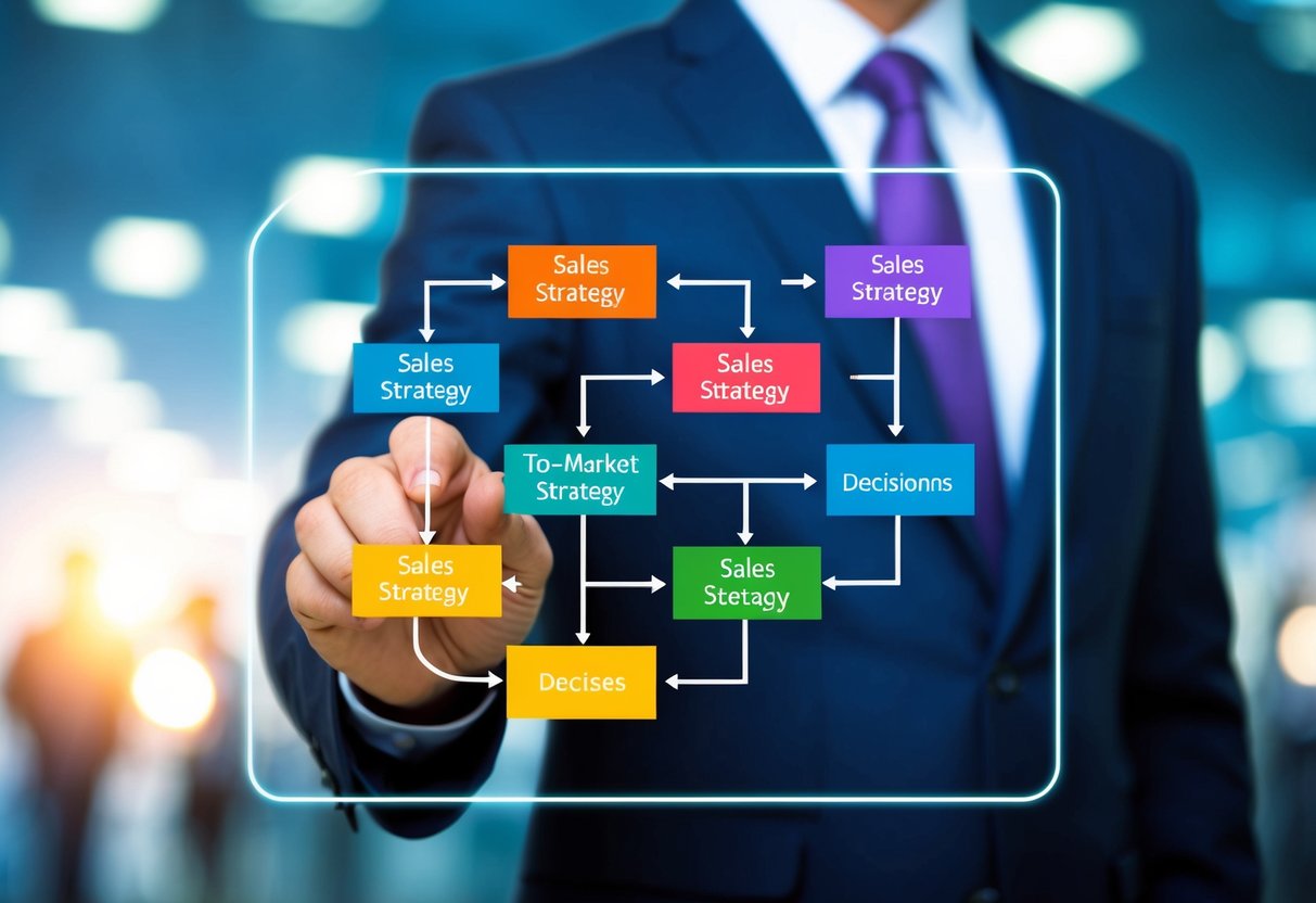 A flowchart showing the sales strategy process, with arrows and boxes indicating the steps and decisions in the go-to-market strategy