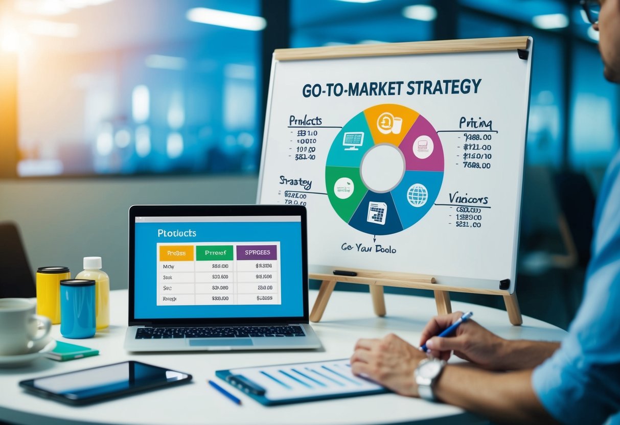 A table with various products, a laptop showing pricing data, and a whiteboard with a detailed go-to-market strategy diagram