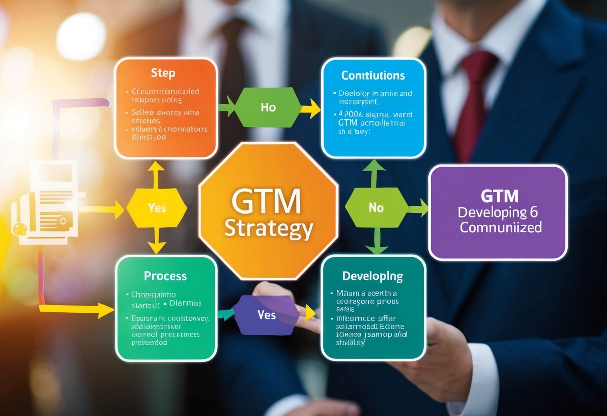 A flowchart showing the process of developing a GTM strategy, with interconnected boxes and arrows indicating the sequence of steps