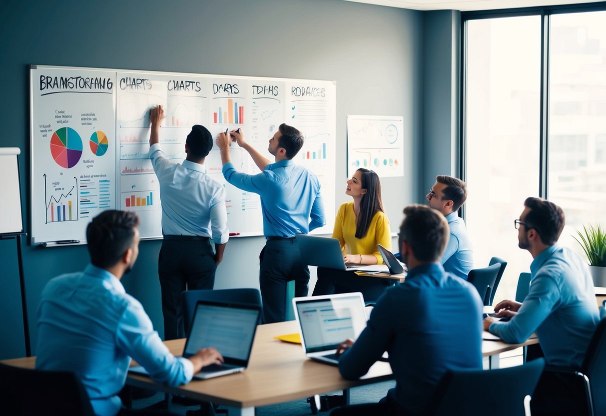 A group of people brainstorming around a whiteboard filled with charts and diagrams, while others sit at their desks typing on laptops