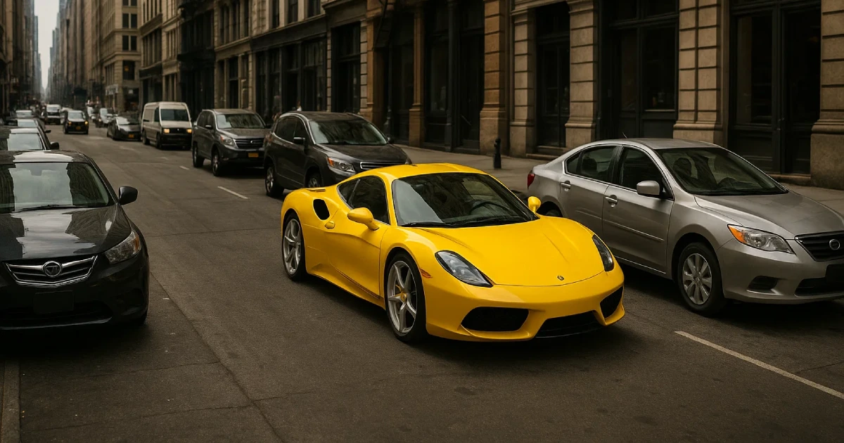 Bright yellow sports car drives among gray sedans on a city street.