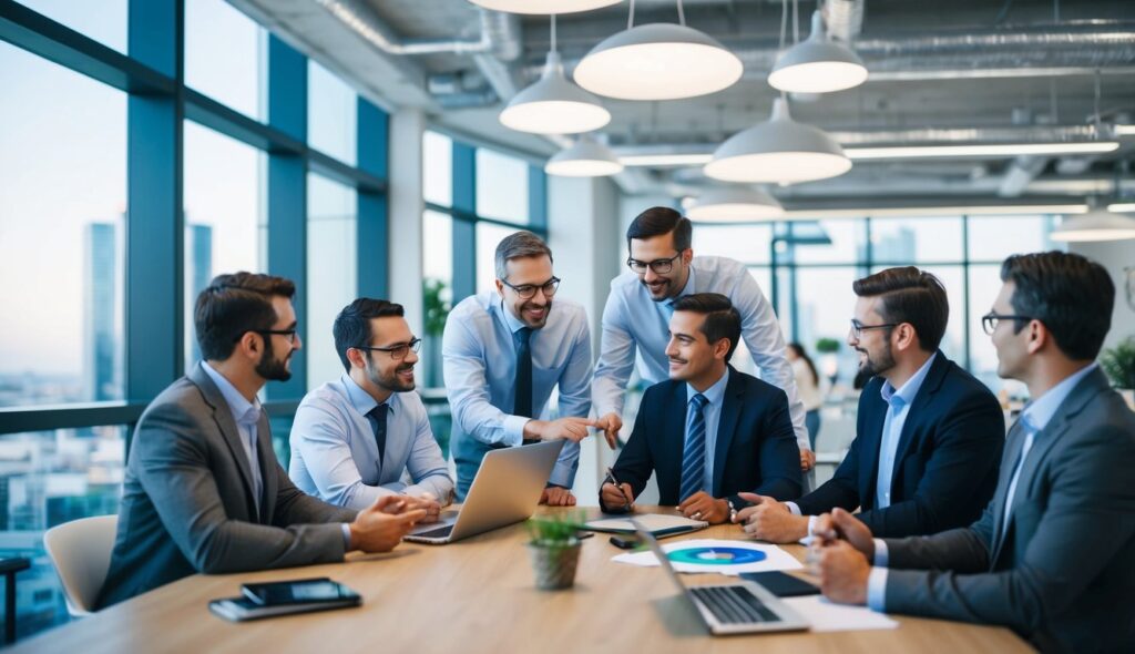 A group of marketing leaders brainstorming innovative product development strategies in a modern office setting