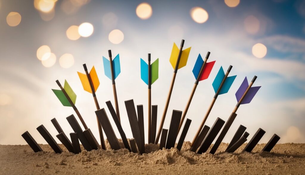 A group of arrows breaking through barriers and obstacles, symbolizing overcoming challenges in trendspotting and marketing strategy