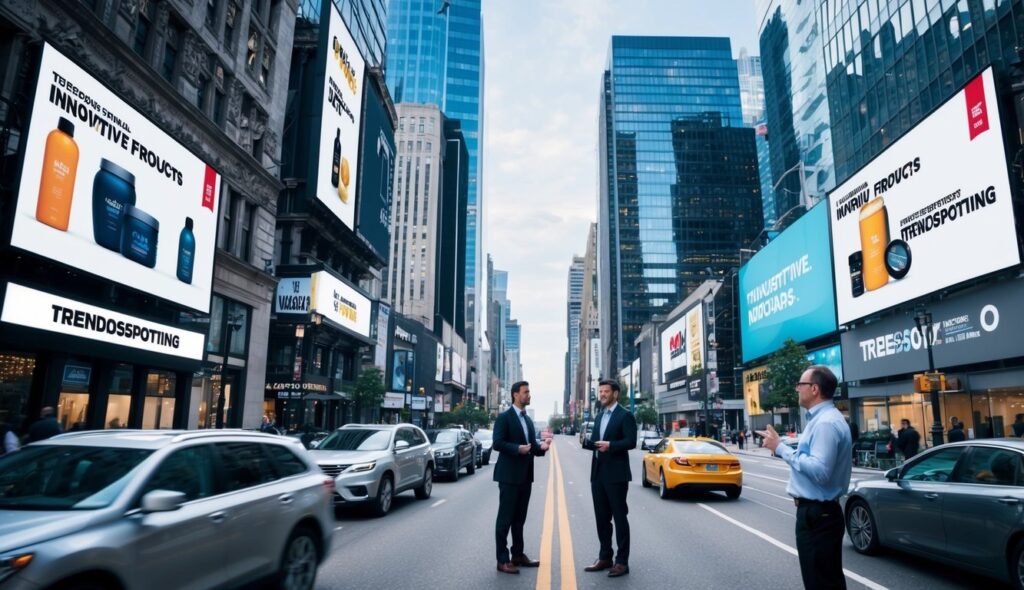 A bustling city street with billboards showcasing innovative products, while marketing leaders discuss trendspotting's impact in a modern office building