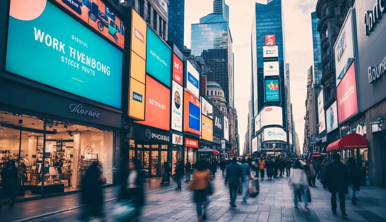 A bustling city street with vibrant storefronts and eye-catching billboards, showcasing innovative products and dynamic marketing strategies