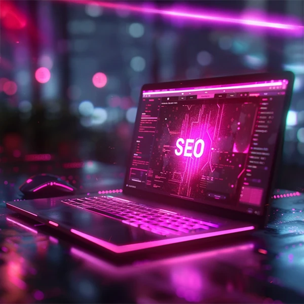 A glowing laptop displaying the word "SEO" in a futuristic neon environment, symbolizing Via Marketing's advanced SEO and AI-enhanced optimization services.