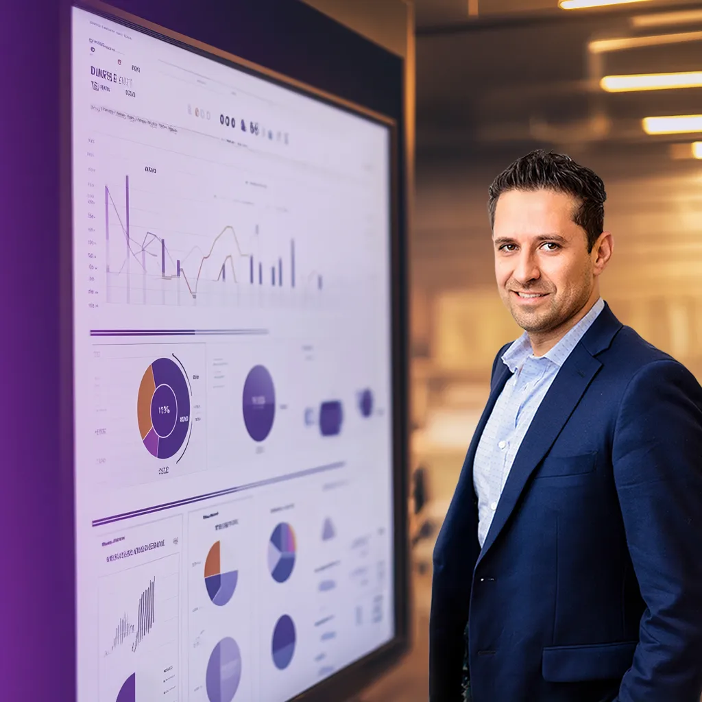 A Via Marketing Fractional CMO, Almog Sosin standing beside a large screen displaying marketing analytics and graph