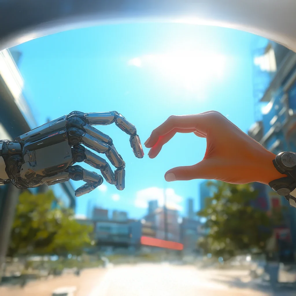 A human hand and an AI robot hand forming a heart shape by touching thumb and fingertip tips, symbolizing the connection between AI and marketing.