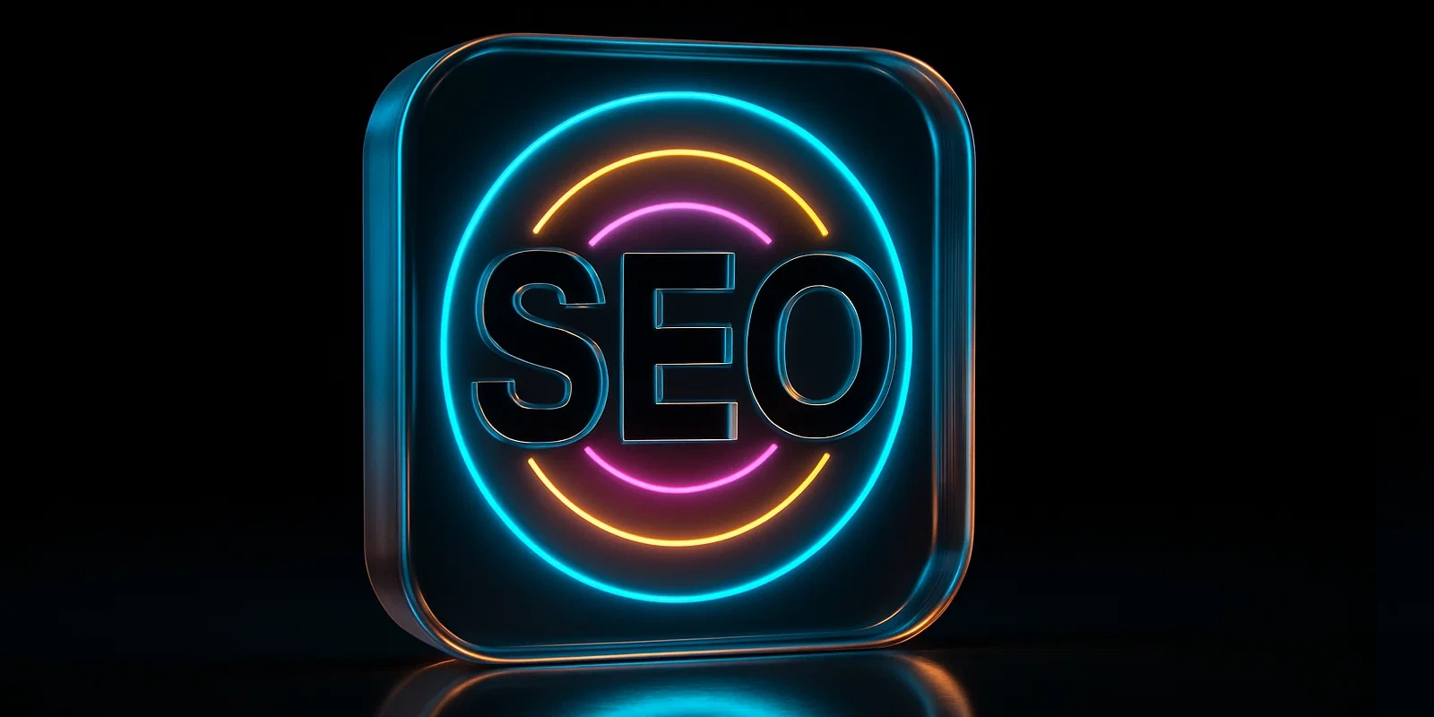 Neon blue, pink, and orange rings around the word SEO, illustrating long-term, low-cost organic search traffic ROI.