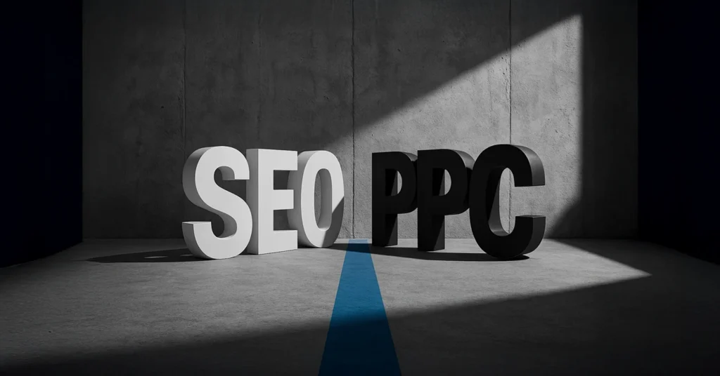 Illustration comparing long-term SEO highway with fast PPC speedway for search marketing strategy
