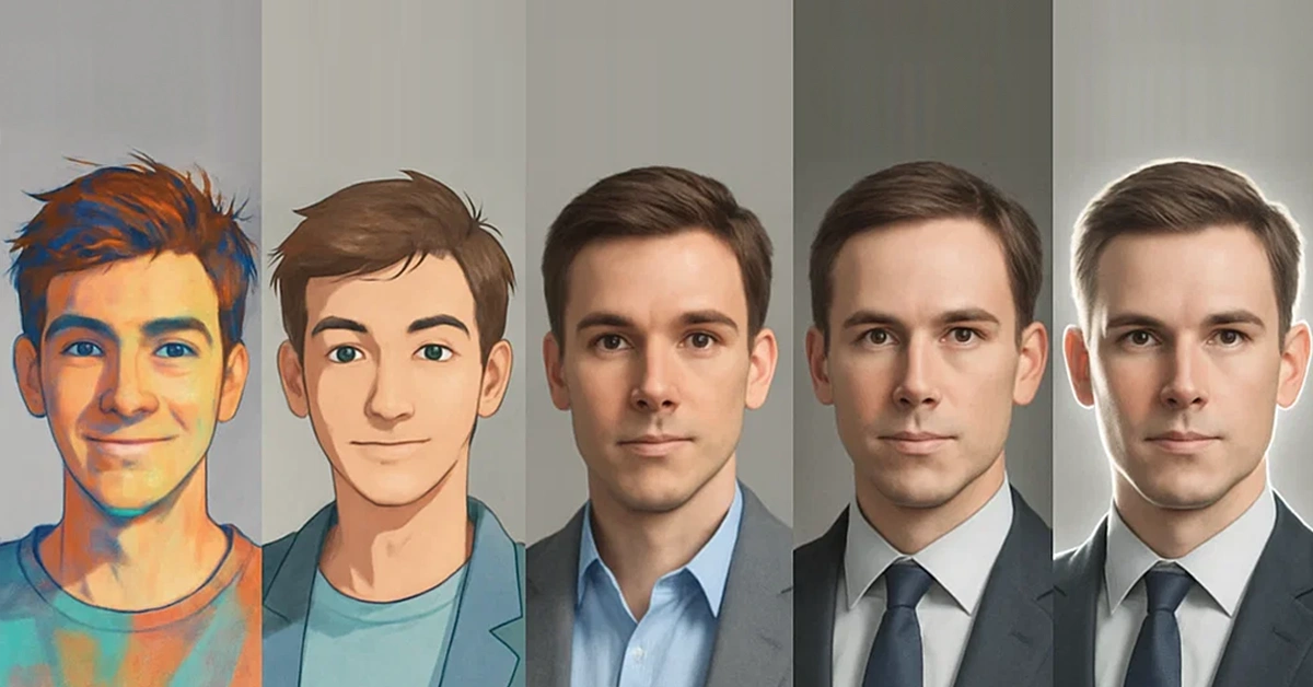 Progressive lineup of five male portraits evolving from colorful illustrated styles to a sharp business professional, visualizing Ideal Customer Profile ICP refinement for B2B marketing.