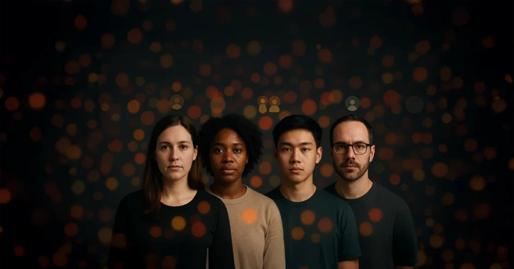 Diverse professionals in dark setting symbolize the Ideal Customer Profile vital to effective B2B marketing.