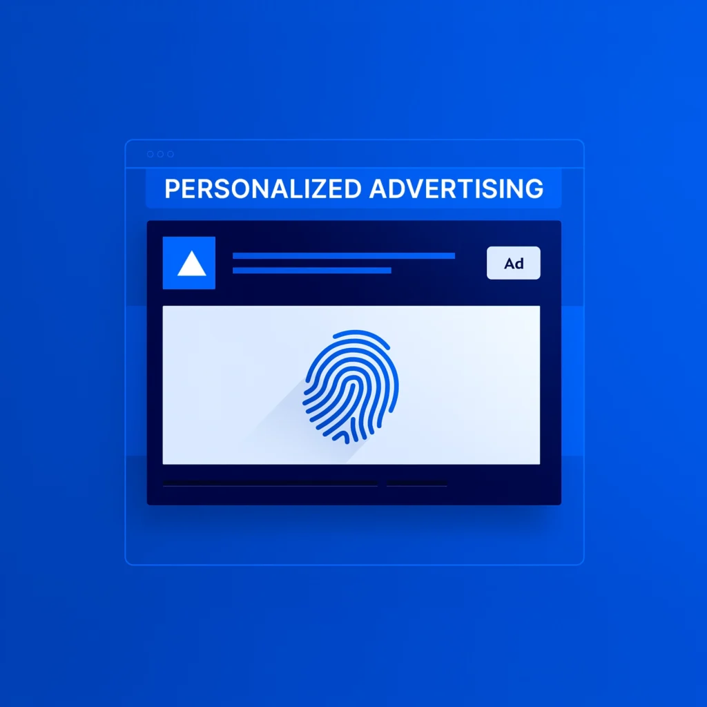 Digital ad mockup with a fingerprint icon that represents data‑driven personalized advertising and user privacy.