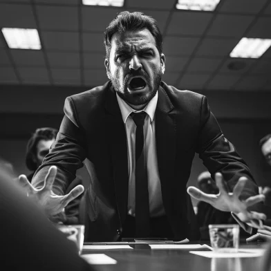 Focused business discussion in a boardroom showcasing B2B LinkedIn Strategy with a man arguing passionately in front of professionals.