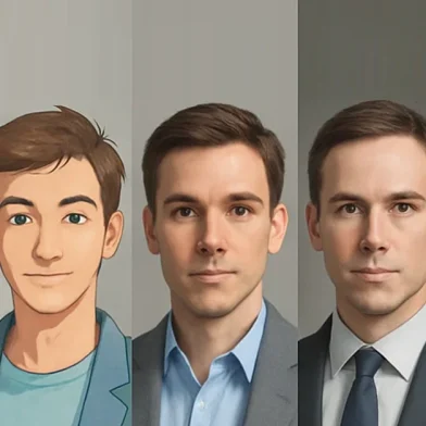 Progressive lineup of five male portraits evolving from colorful illustrated styles to a sharp business professional, visualizing Ideal Customer Profile ICP refinement for B2B marketing.