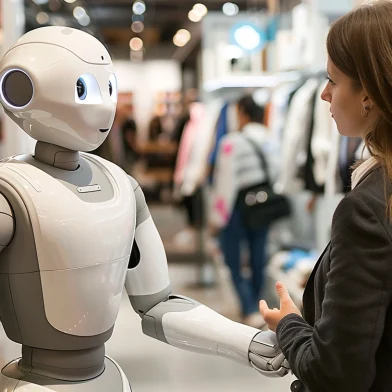 A humanoid AI robot assisting a customer in a women's clothing store showcasing the integration of chatbots in the retail industry.