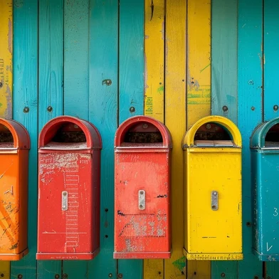 Colorful vintage mailboxes aligned on a wall, representing targeted email marketing.