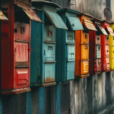 Many colorful vintage mailboxes aligned on a wall in a line, representing hyper targeted email flows.