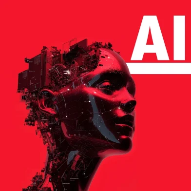 Futuristic AI-enhanced human head illustration with red background.