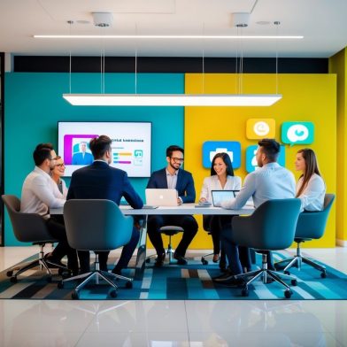 A team of marketers collaborates on a brand strategy, brainstorming and planning in a modern, open-concept office space. Computer screens display data and charts, while a whiteboard is covered in ideas and diagrams